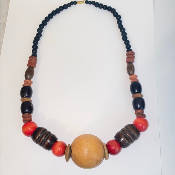 Vintage Brown & Orange Chunky Wood Beaded Statement Necklace BoHo Retro - Picture 1 of 6